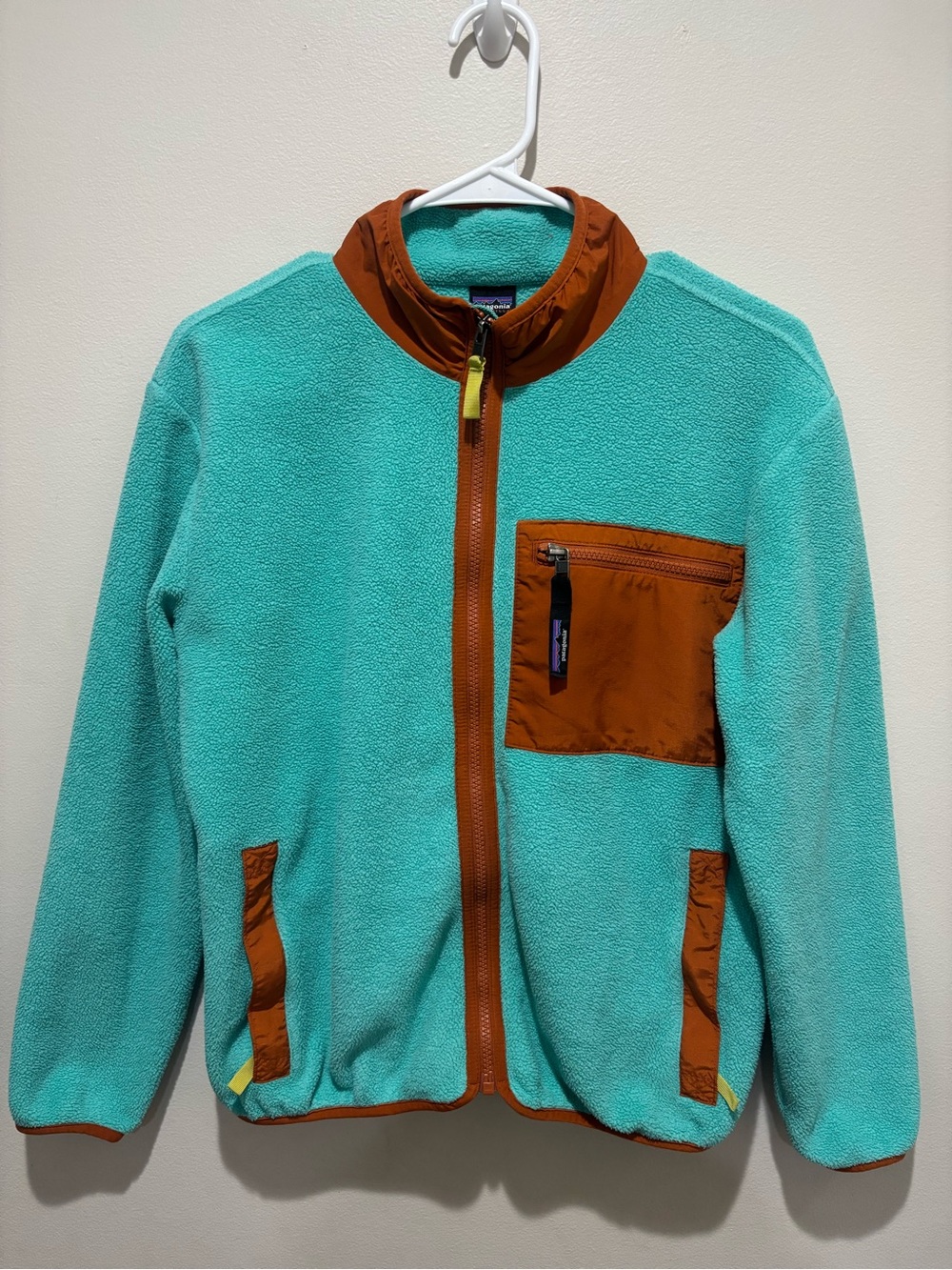 Patagonia Synchilla Fleece Jacket Fresh Teal Rust Orange Outdoor Hiking Fishing